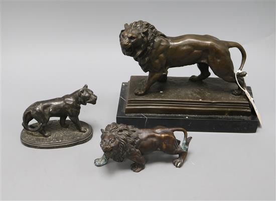 After Valton. A bronze of a lion, a smaller lion and a spelter lioness tallest 21cm